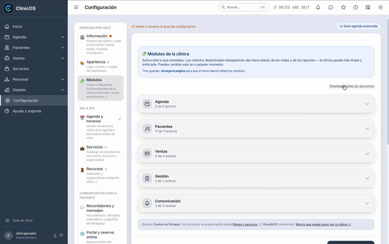 Activa solo lo que necesitas — ClinicOS