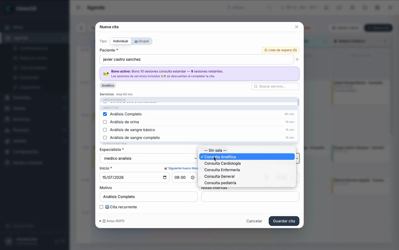 Una cita nueva en segundos — ClinicOS