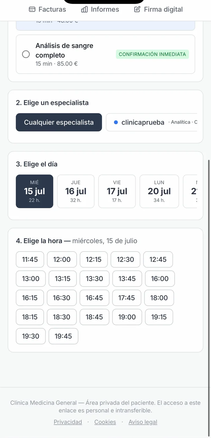 Un paciente reserva cita online desde su móvil: servicio, especialista, día y hora